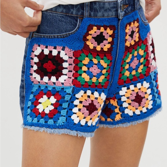 Anthropologie X Farm Rio Ultra High Rise Blue Crochet Denim Shorts - Picture 3 of 8